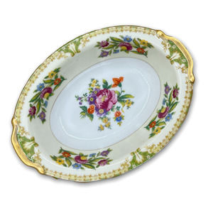 Large Oval Deep Serving Dish Bowl made in Japan Signed MS Porcelain Gold Trim